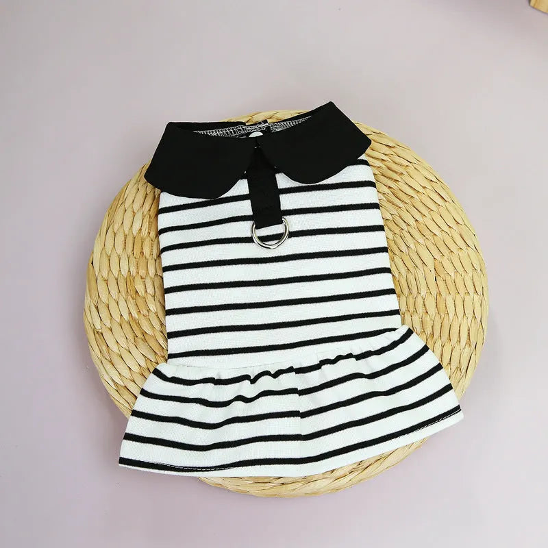 Pink striped cotton T-shirt and skirt set for dogs, summer pet clothing outfit