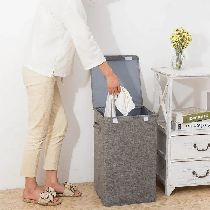 Foldable cotton linen storage basket in modern simplicity style showing collapsible design
