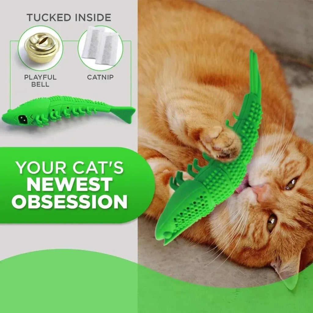 Blue hard rubber catnip toy with toothbrush texture for chewing and play.