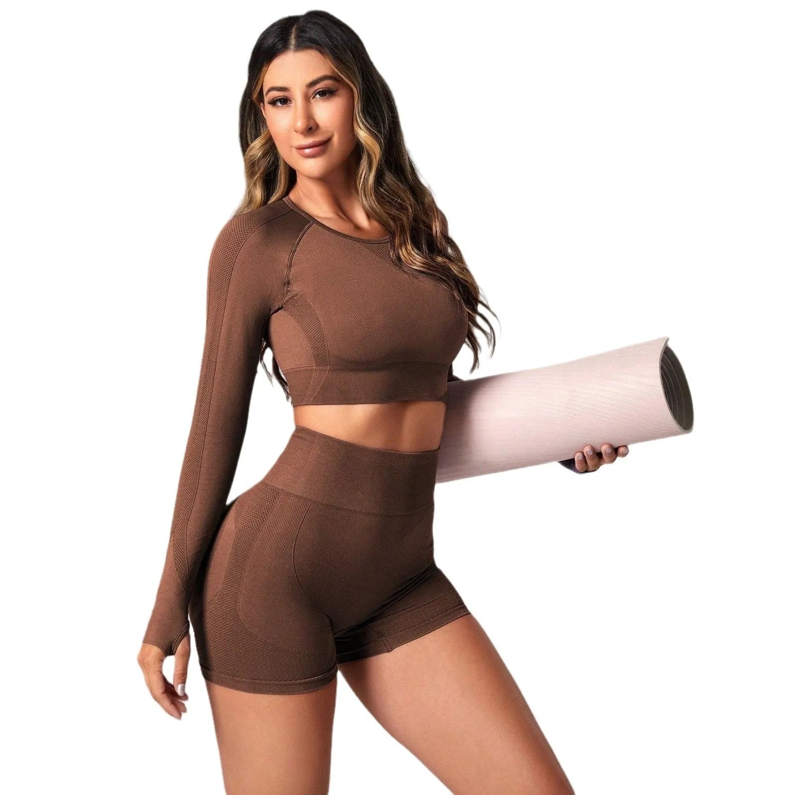 Women's black yoga suit with high waist and long sleeves for yoga practice
