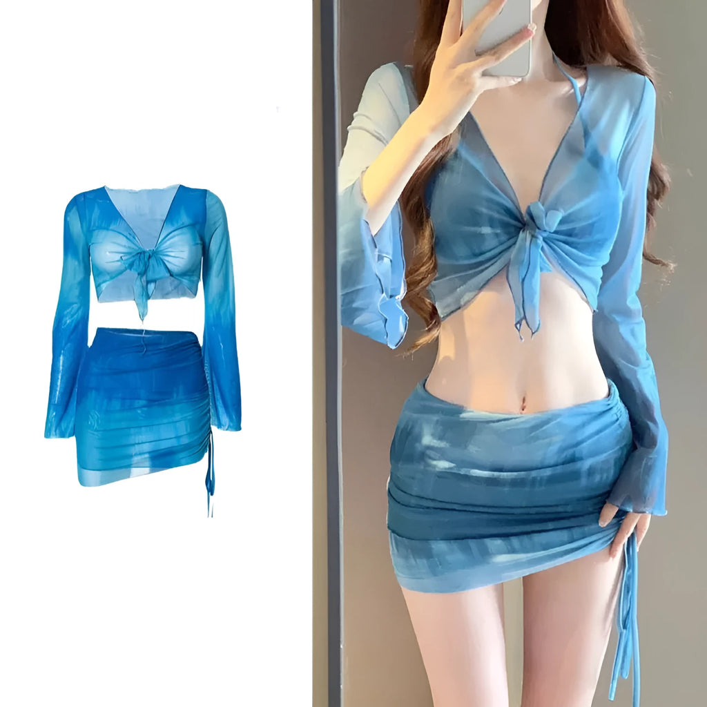 Women's blue four-piece bikini set with high-waist briefs and European-American styling