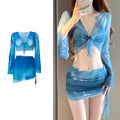 Women's blue four-piece bikini set with high-waist briefs and European-American styling