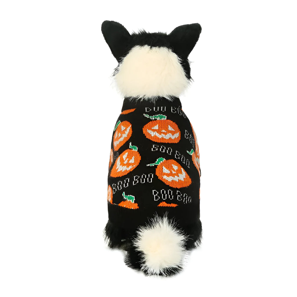 Black dog sweater with orange pumpkin pattern showing size options from S to XXL