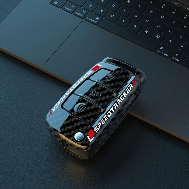 Carbon fibre style car key cover with mirror surface detail in carbon black colour