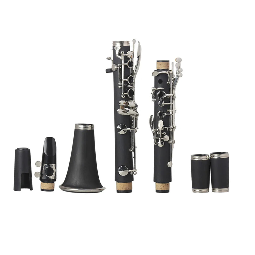 Black Bakelite clarinet with 17 nickel-plated keys and carrying bag