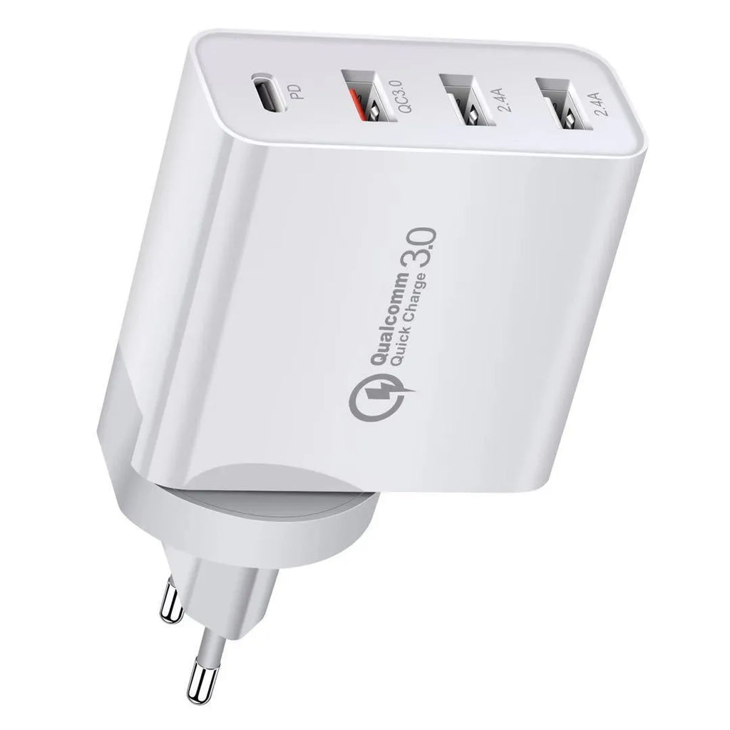 White multi-port fast charger with PD and QC support plugged into a wall socket