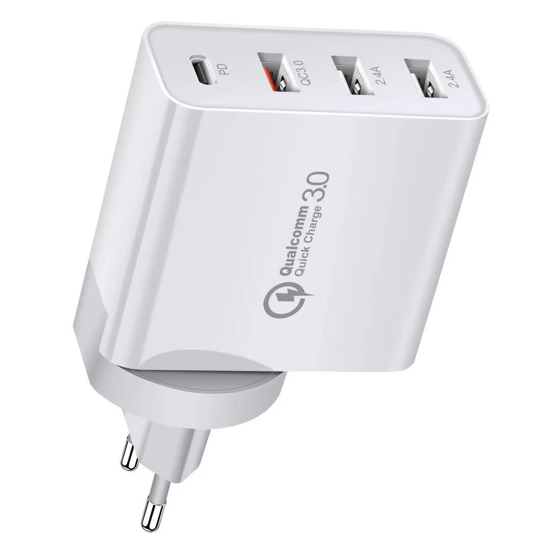 White multi-port fast charger with PD and QC support plugged into a wall socket