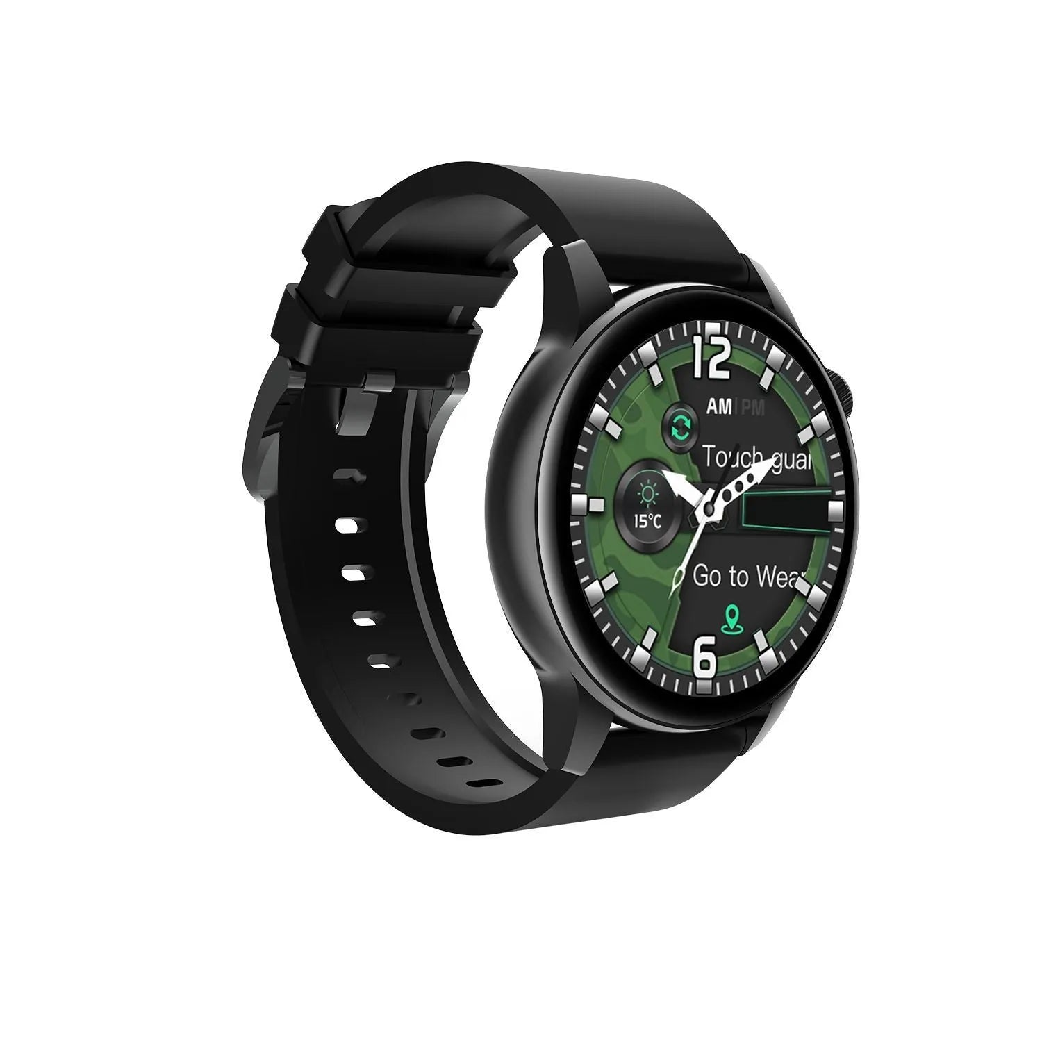 Smartwatch with a round colour screen and stainless steel case, shown in black, pink, and silver colour options.