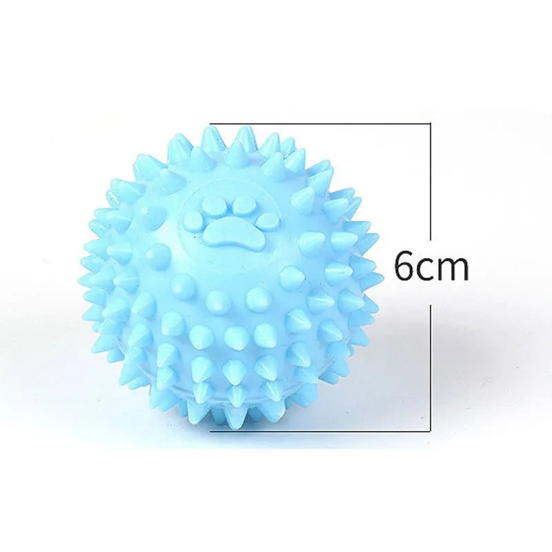 Blue TPR rubber dog chew ball with textured surface for tooth cleaning, 6cm diameter.