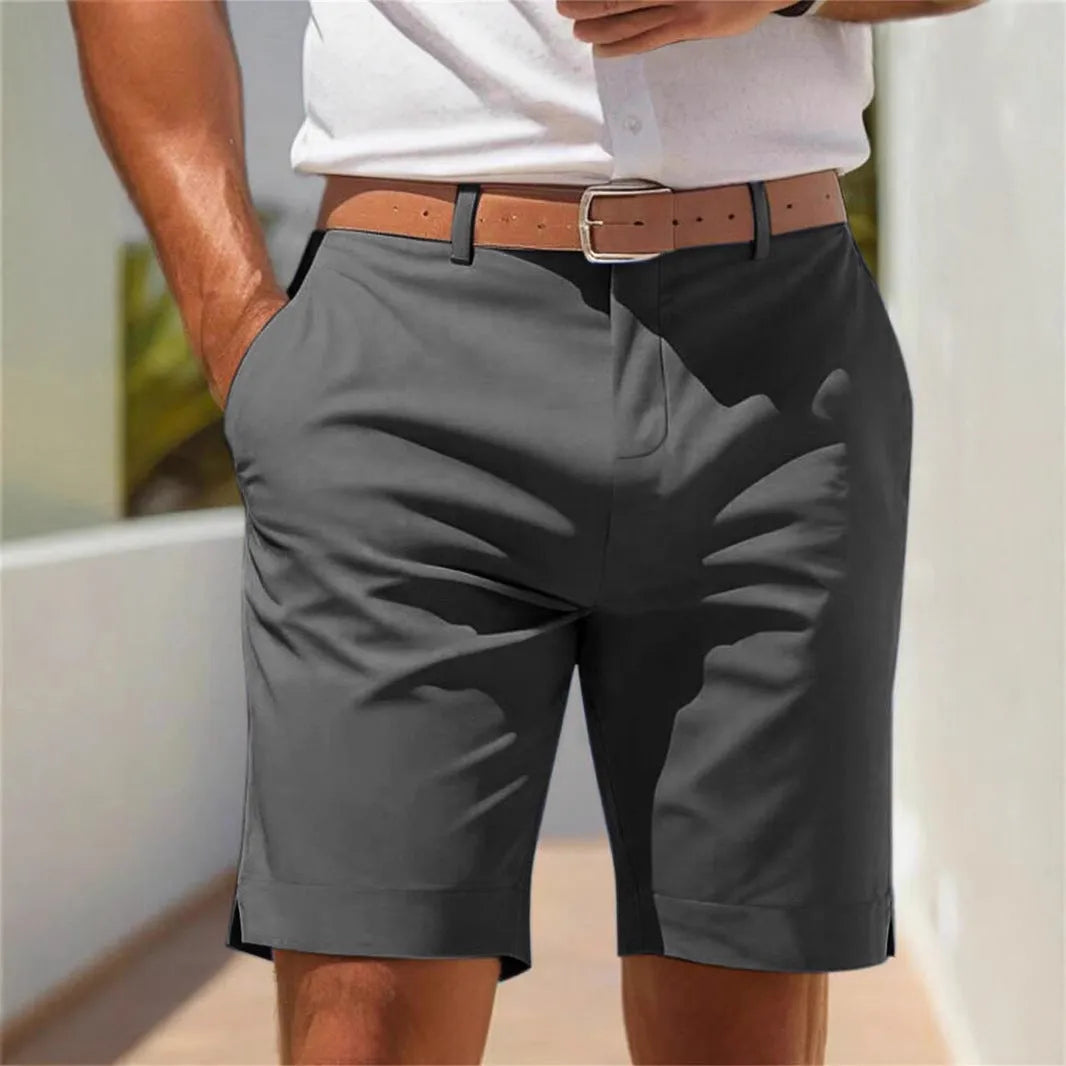 Men's light gray polyester business suit shorts with straight leg cut