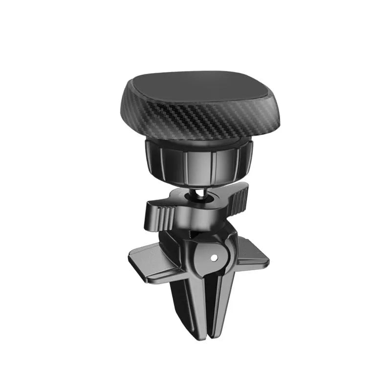 Black magnetic car phone holder mounted on car air conditioning vent