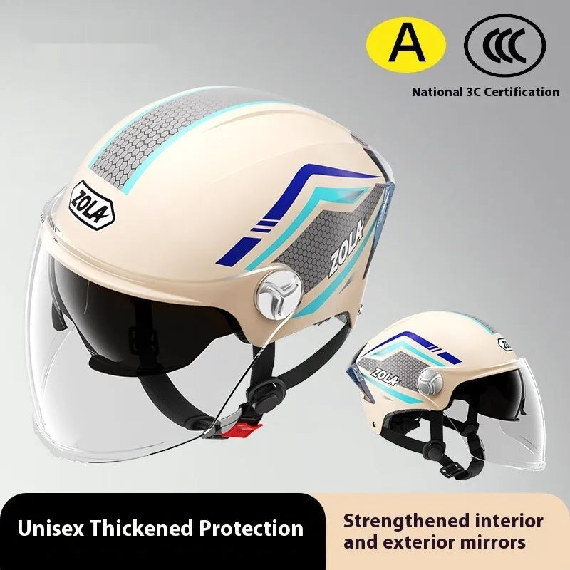 Children's 3C battery motorcycle half helmet with double mirror visor in light brown colour