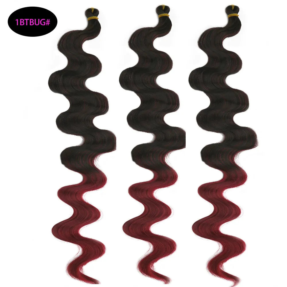 Wine red big wave crochet braided hair extensions, 24 inches long, on a wig stand.