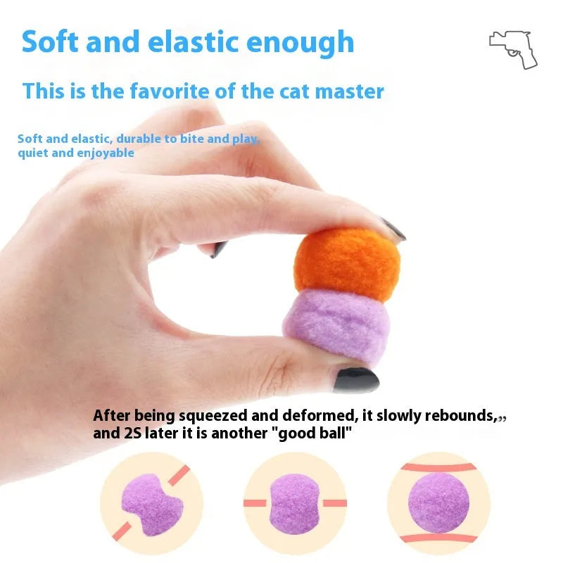 Interactive dog toy launcher gun with soft plush yarn balls for fetch games.
