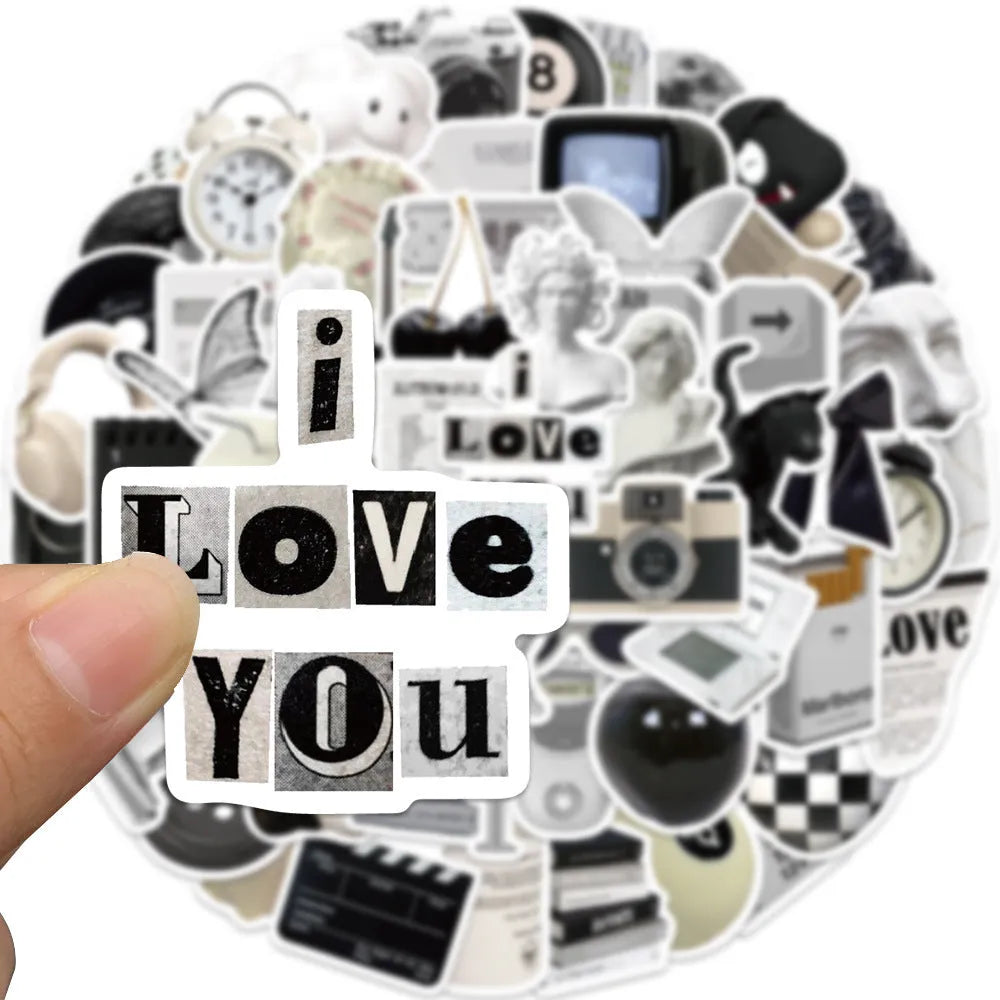 Black and white waterproof PVC sticker pack with coffee cup designs for laptops and phones