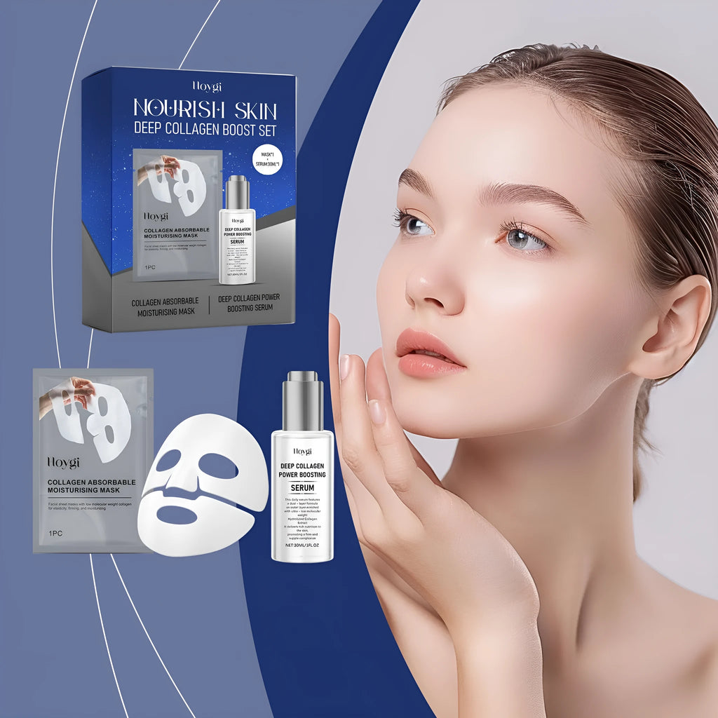Collagen moisturising skincare set with sheet mask and 30ml essence serum bottle