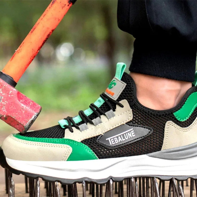 Black green safety shoes with plastic steel toe and mesh upper panel