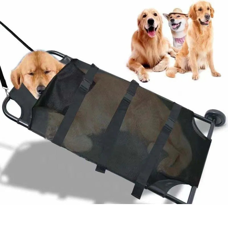Large black aluminium alloy pet stretcher in folded configuration for emergency dog transport