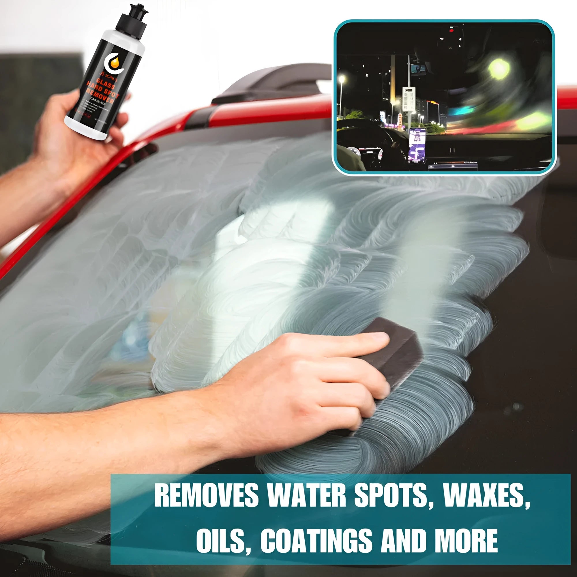 Glass oil film remover cleaning cream in 50ml, 100ml, and 200ml formats for car and window cleaning.