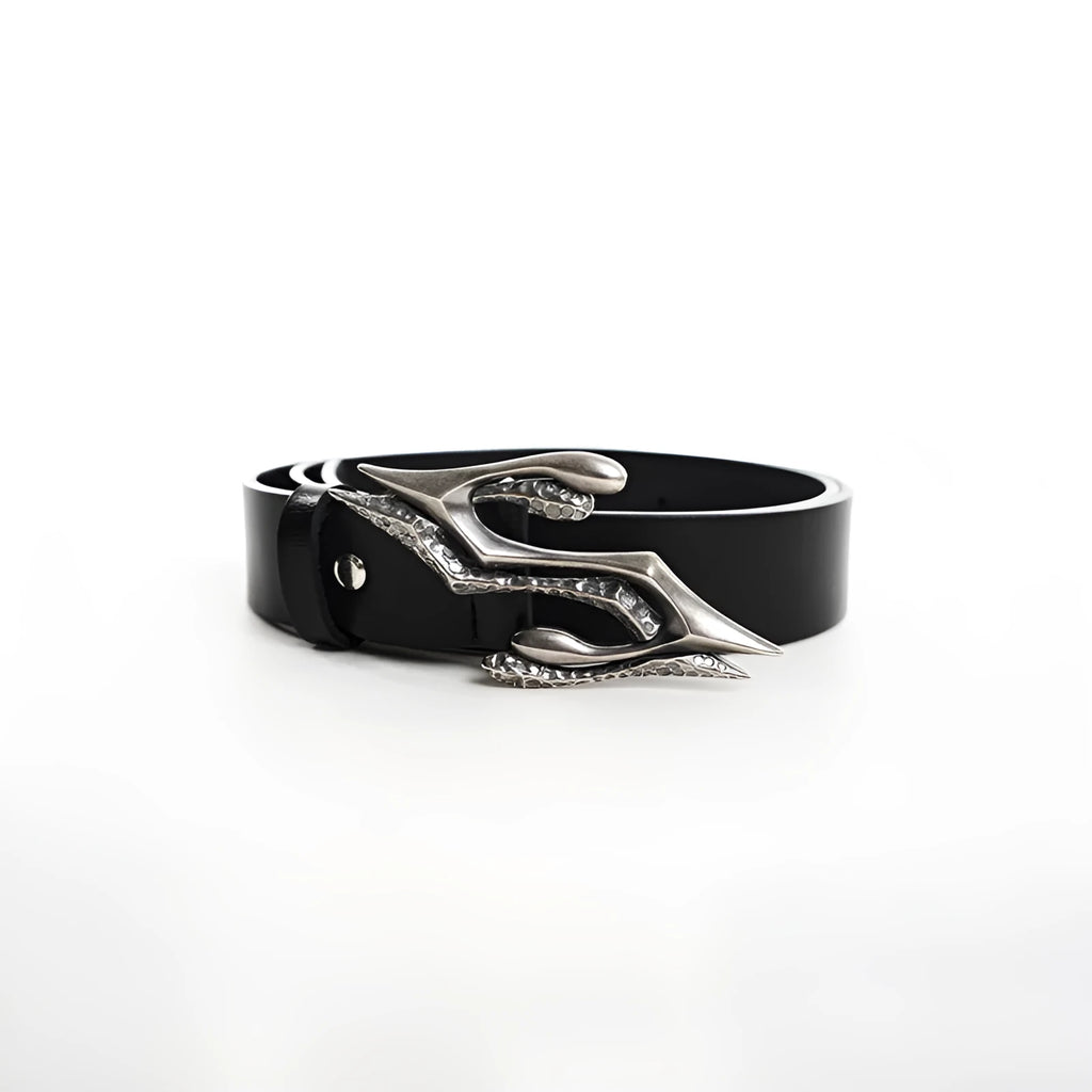 Black men's leather belt with two-layer cowhide construction and metal letter detail, showing length of 110cm.