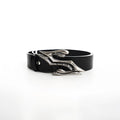 Black men's leather belt with two-layer cowhide construction and metal letter detail, showing length of 110cm.