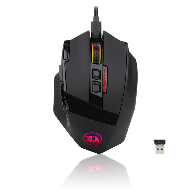Redragon M801P black gaming mouse showing nine programmable buttons and dual-mode wireless/wired connectivity