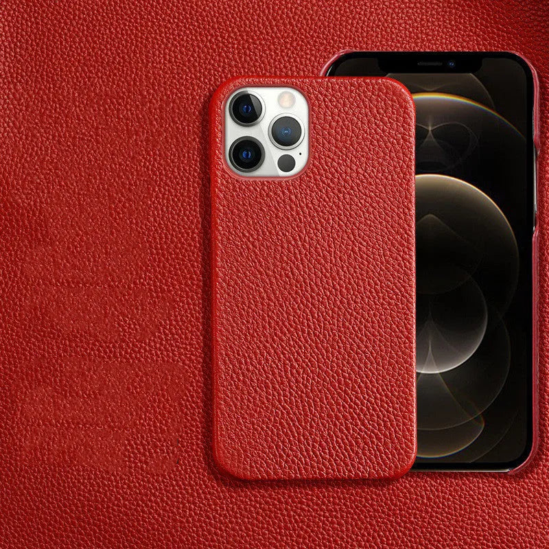 Genuine brown leather shatterproof protective case for iPhone on a table.
