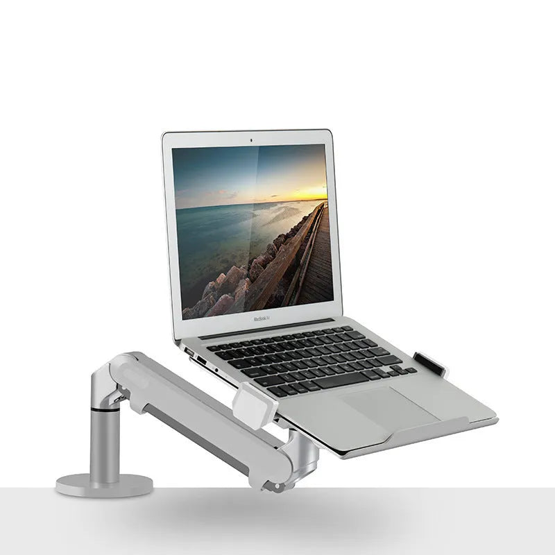 Aluminium alloy notebook arm bracket in silver colour, showing the air pressure adjustment mechanism.
