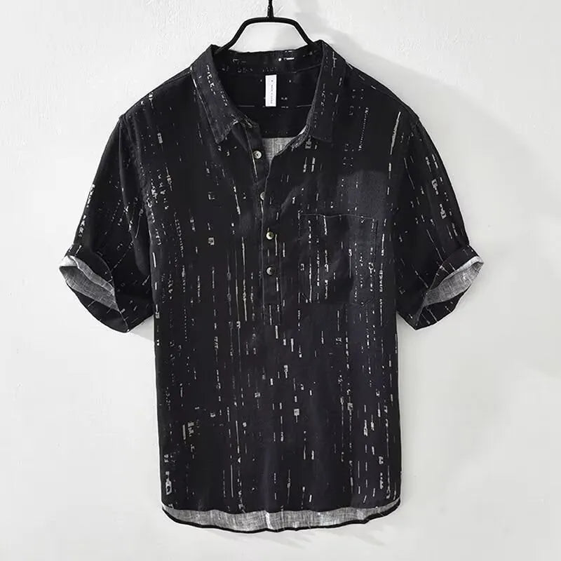 Men's loose-fit short-sleeved polo shirt in white, showing cardigan style and thin fabric.