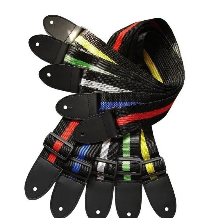 Woven crossbody musical instrument strap in multiple colours with clip-on hooks for guitar, bass, and ukulele.