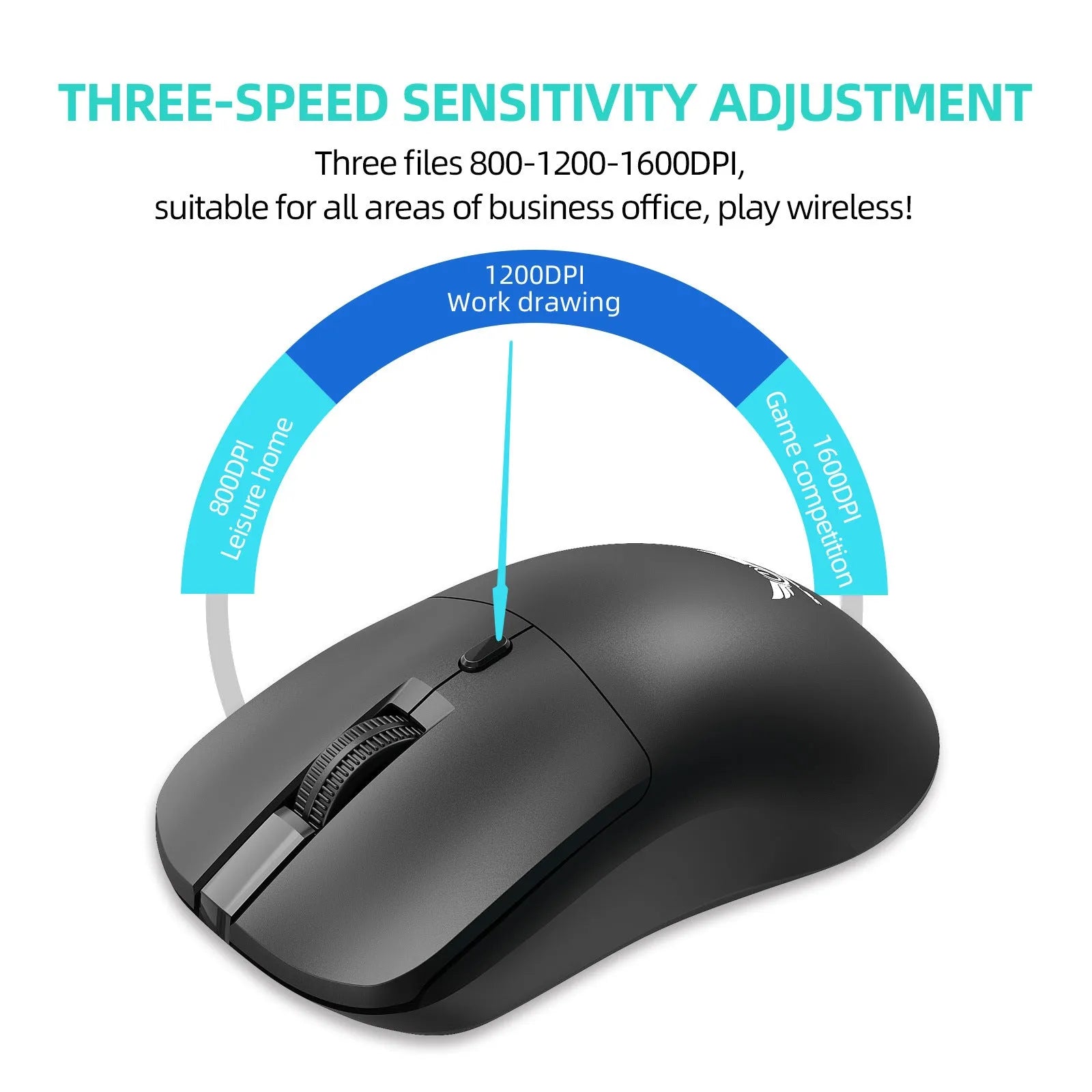 Black wireless computer mouse with three-gear audio button for laptop use