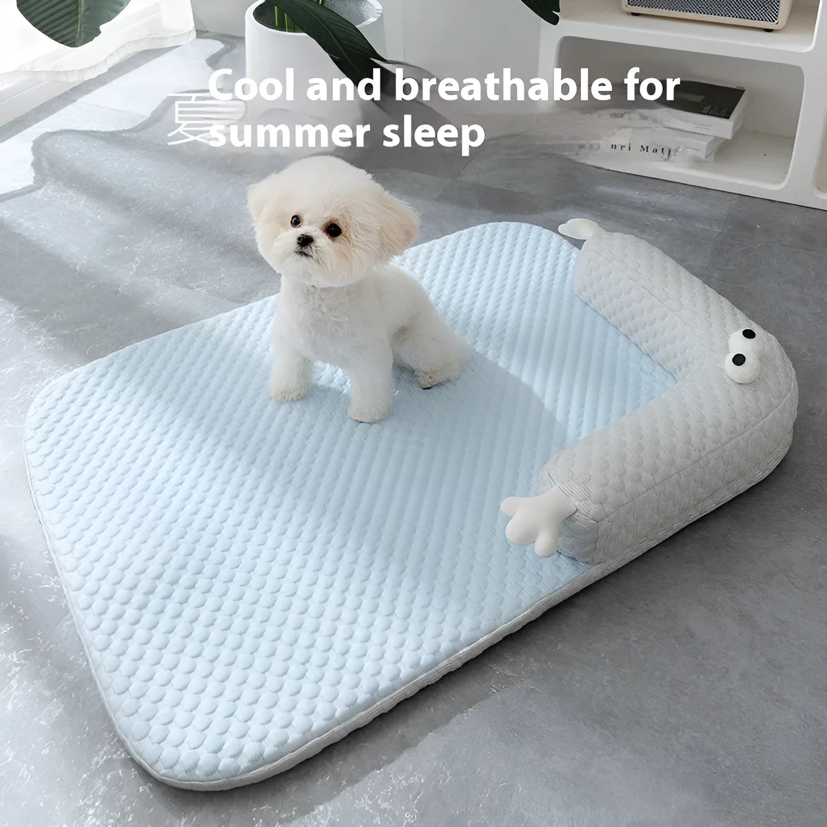 Cool feeling breathable PP cotton dog mat in blue or green, sizes S to XXL, for dogs and cats