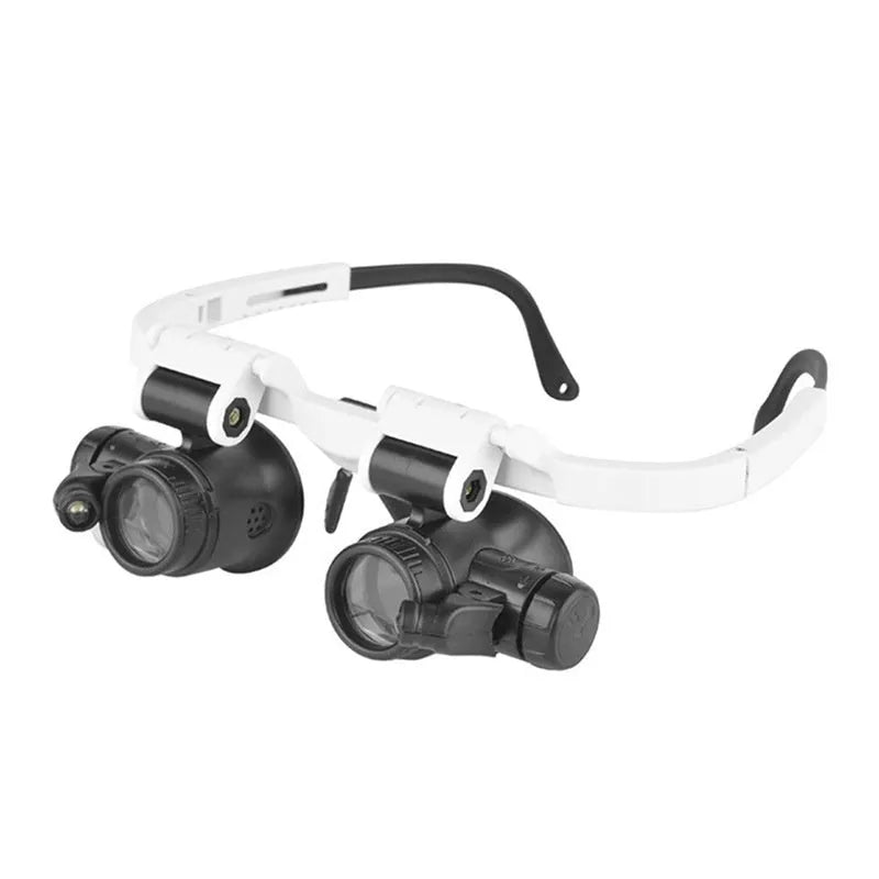 White head mounted magnifying glass with LED light shown in folded and unfolded positions
