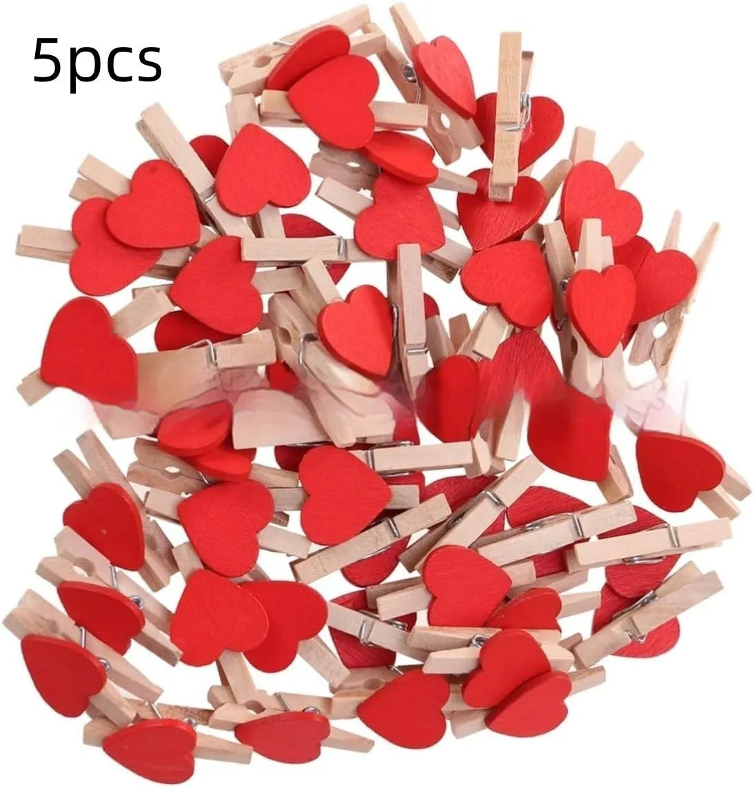 Five small handmade solid wood heart-shaped clips in red, rose red, and white colours.