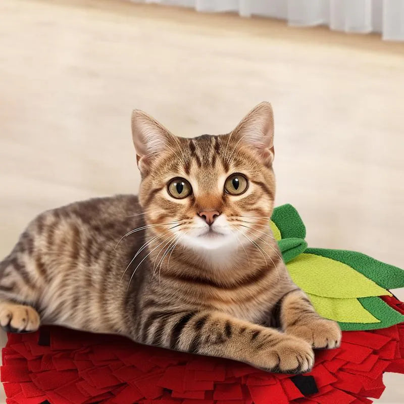 Red and green strawberry shaped pet slow feeder mat with textured foraging surface