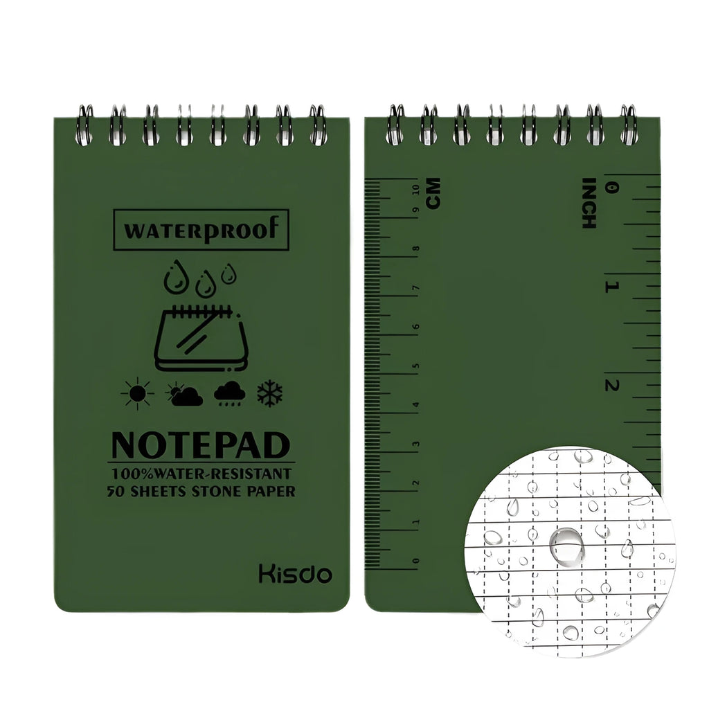 Spiral-bound waterproof office notepad with stone paper, shown in various colour options including black and camouflage.