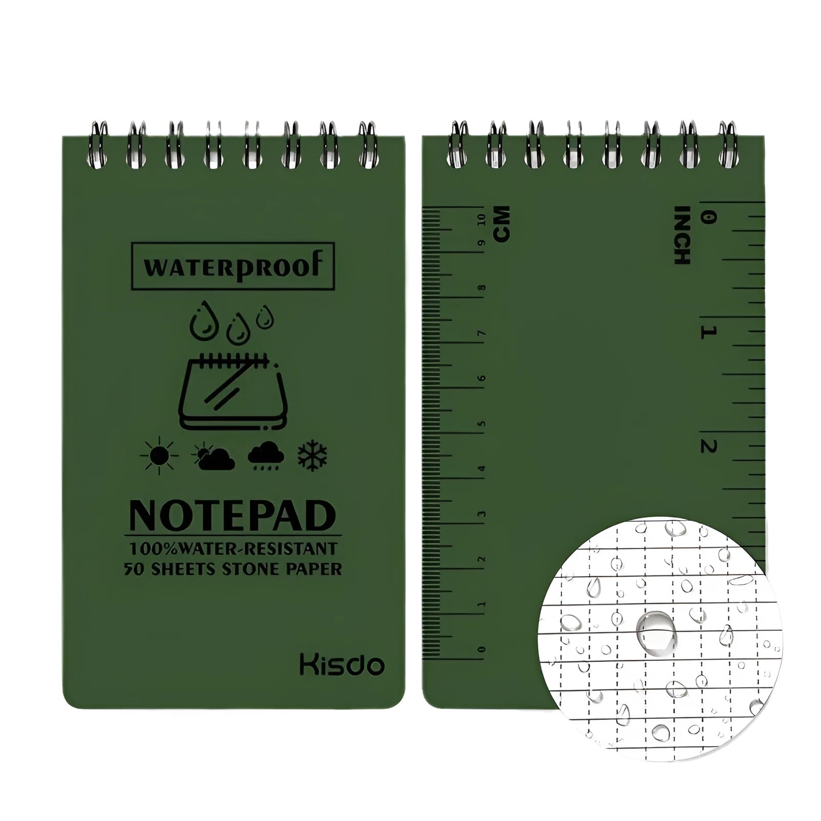 Spiral-bound waterproof office notepad with stone paper, shown in various colour options including black and camouflage.