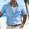 Men's cotton summer shirt with polo collar in loose cardigan style, solid colour design with long sleeves