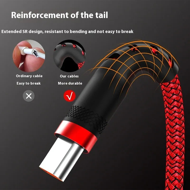 Lengthened woven charging cable with Type-C, Lightning, or Micro USB connector in silver gray or red