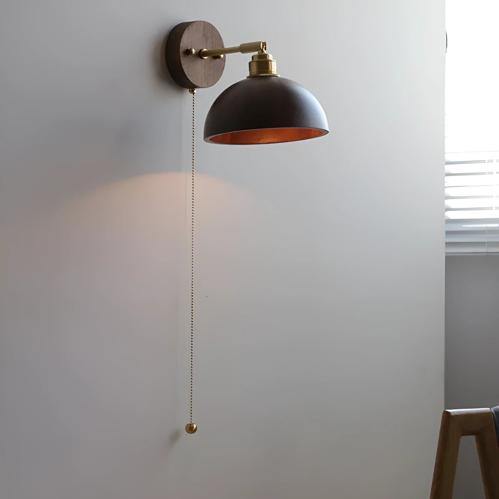 Nordic style bedside wall lamp in walnut or raw wood colour finish with adjustable light tones