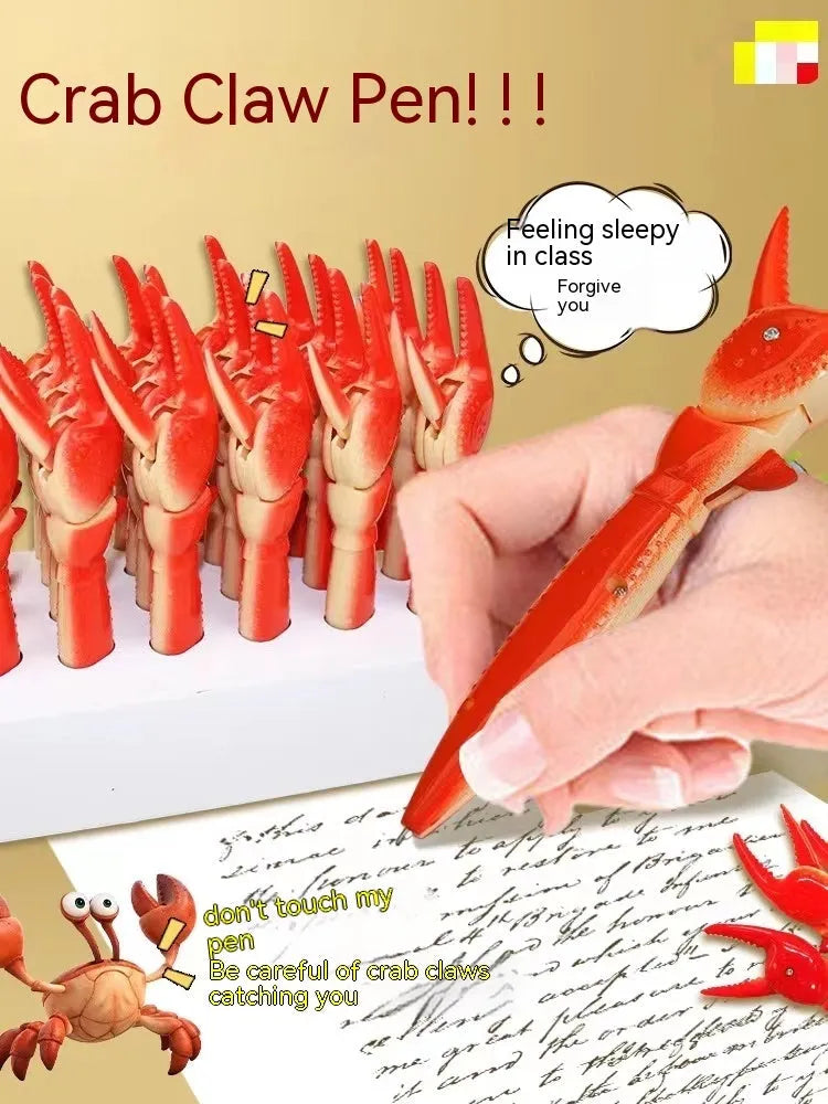 Crab-shaped novelty ballpoint pen with moving claws activated by pressing mechanism
