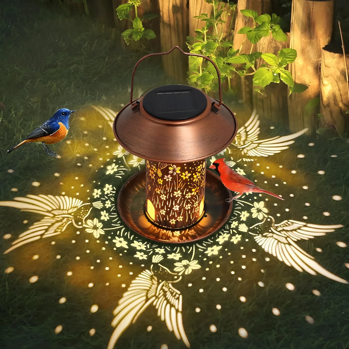 Solar-powered hummingbird patterned iron art feeder with integrated garden light