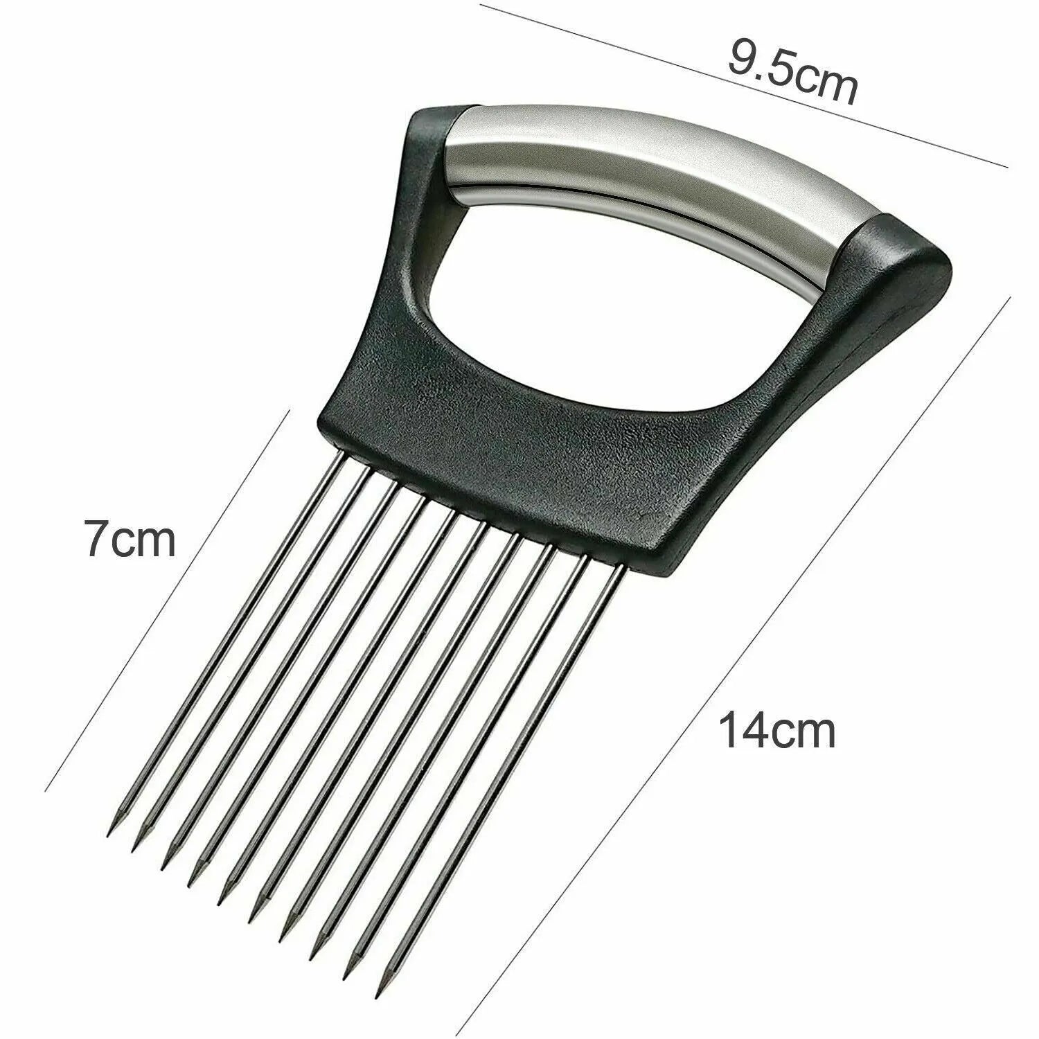 Stainless steel onion and tomato slicer holder with ABS handle on a kitchen worktop