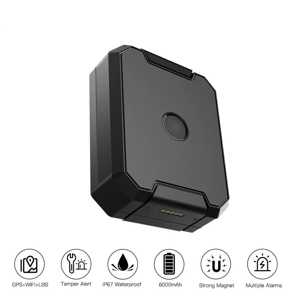 Black GPS car locator with 6000mAh battery, IP65 waterproof rating and ceramic antenna for vehicle tracking