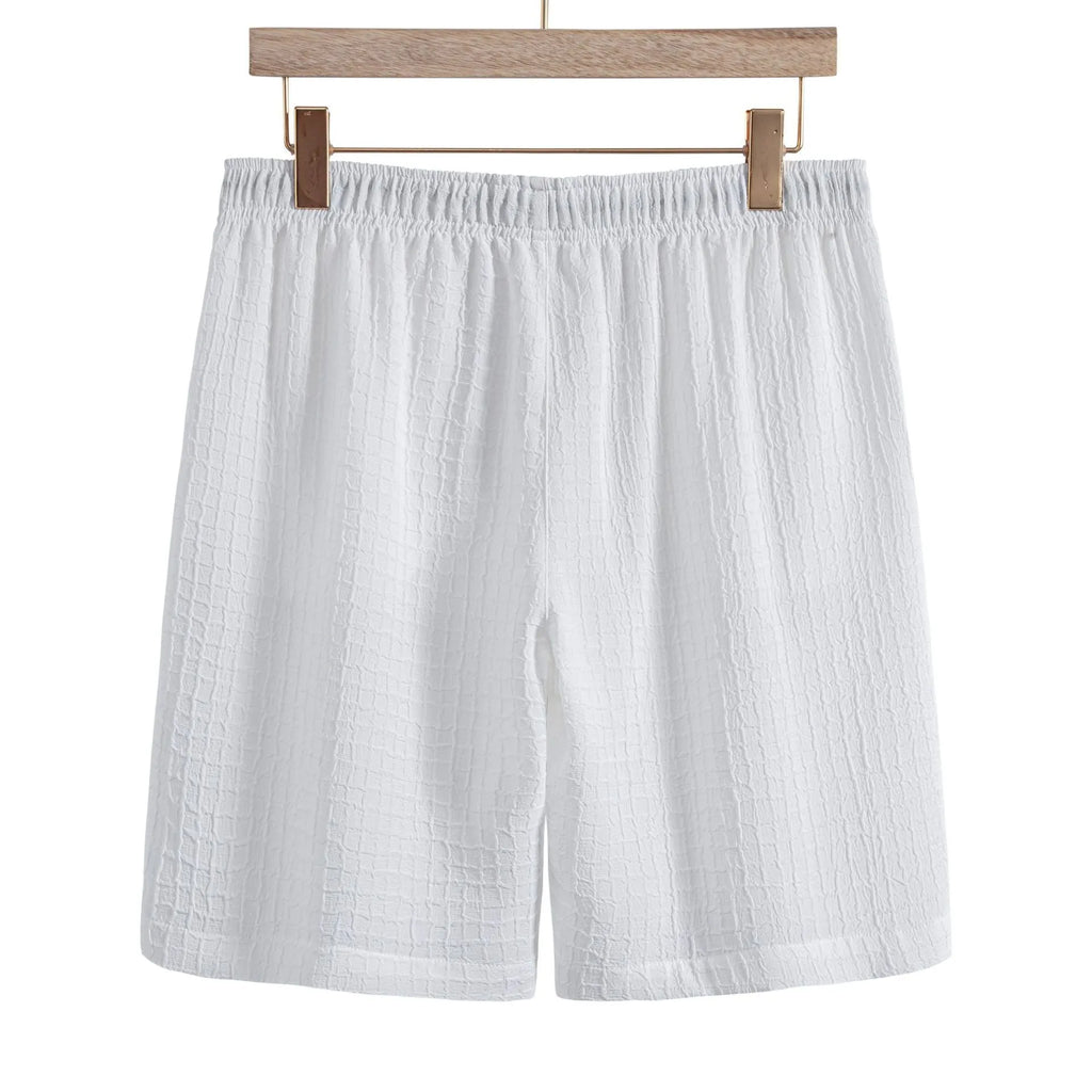 Men's white cotton blend jacquard short sleeve shirt and shorts casual suit set
