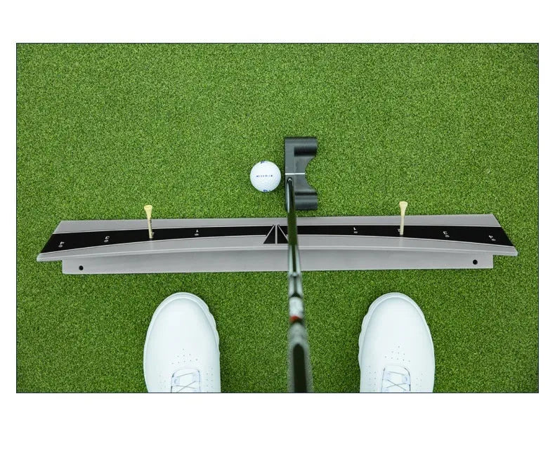 Golf putter trajectory balance simulator with adjustable push rod balancer on PVC construction