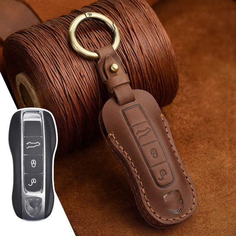 Authentic brown cowhide leather retro key case for Porsche car keys