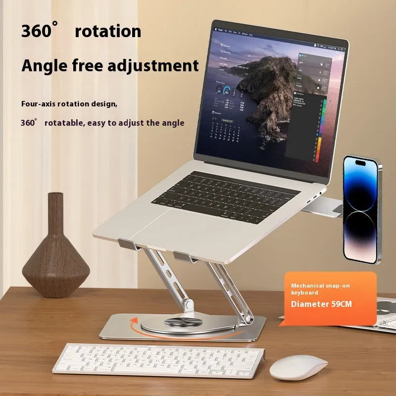 Silver carbon steel laptop stand with a side-mounted magnetic phone holder rotated to the side.