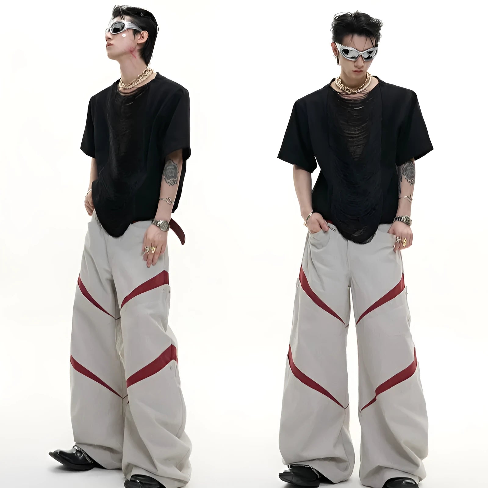 Loose black polyester men's t-shirt with 3D cut tassel details and hollow out design