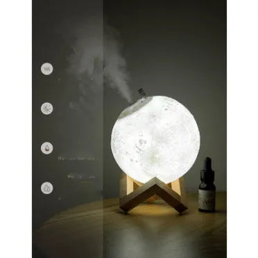 Lunar humidifier night light with wood set finish, 13cm diameter sphere